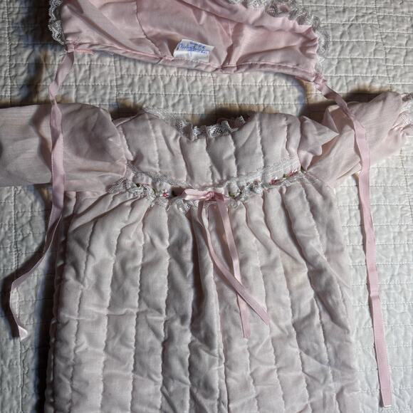 Vtg Her Majesty Pink Quilted Baby Bunting Pram Suit Bonnet Set 3-6 Mo. 1960s - Picture 2 of 7